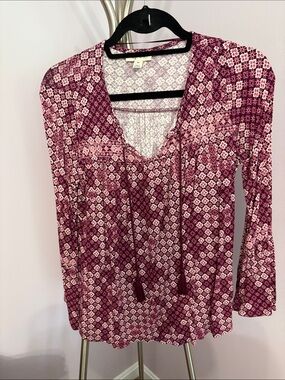 Style & Co. Burgundy and Pink Mosaic Tie-Front V-Neck Blouse